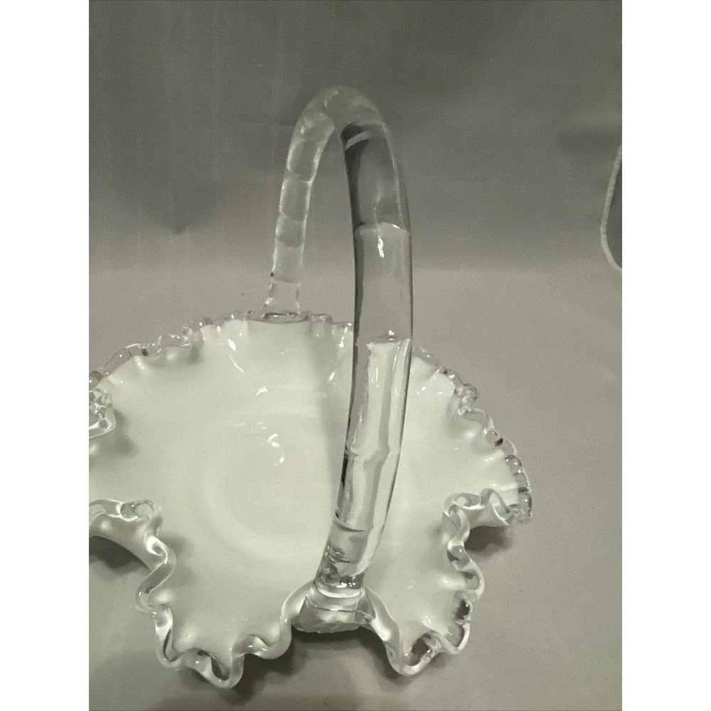 Vintage Fenton Silver Crest White Milk Glass Ruffle‎ Edged Basket Bamboo Handle